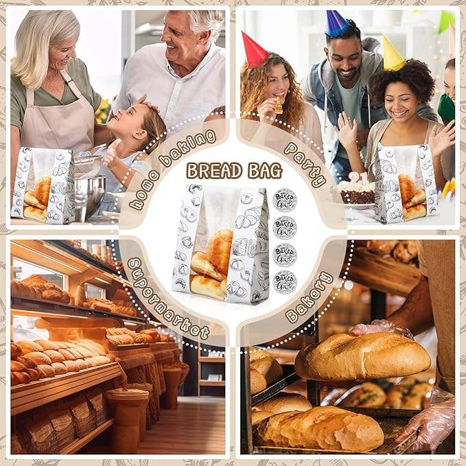 Packages Bread Bag with Window Sourdough Bread Bag with Label Seal Sticker for Food Storage Custom Bread Bags