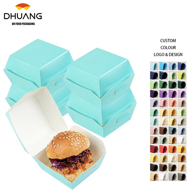 Mini Hamburger Box Disposable Turquoise Paper Takeout Box with Hinged Lid Food Box