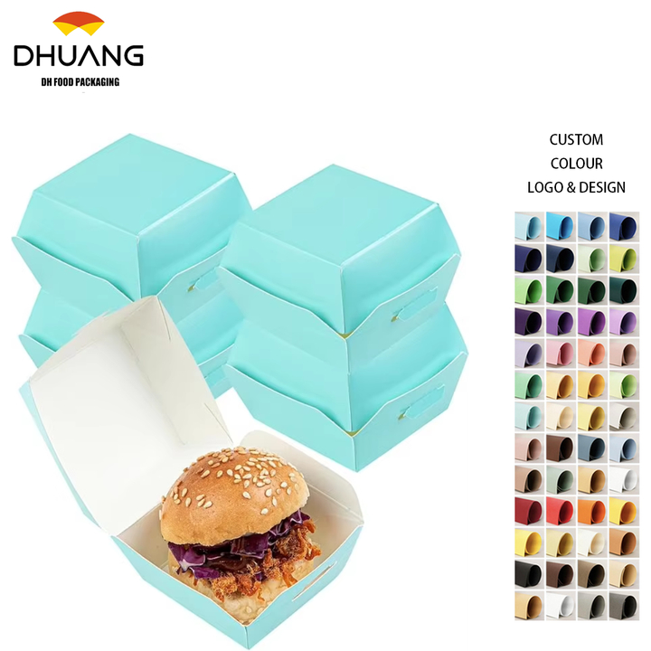 Mini Hamburger Box Disposable Turquoise Paper Takeout Box with Hinged Lid Food Box