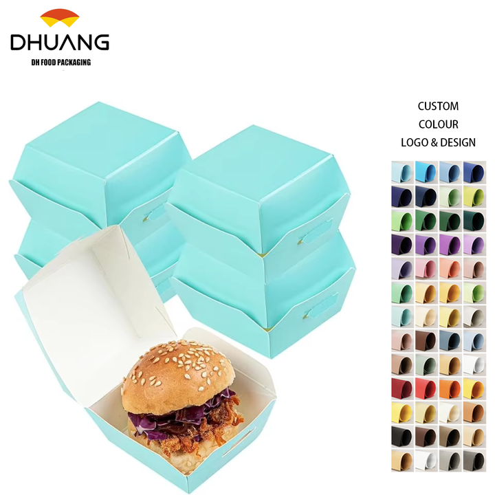 Mini Hamburger Box Disposable Turquoise Paper Takeout Box with Hinged Lid Food Box