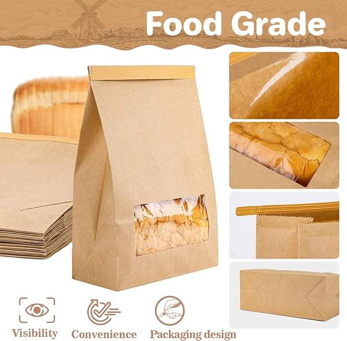 Toast Bag with Window Brown Paper Bagel Bread Bag for Sandsich Cookies Custom Bread Bags
