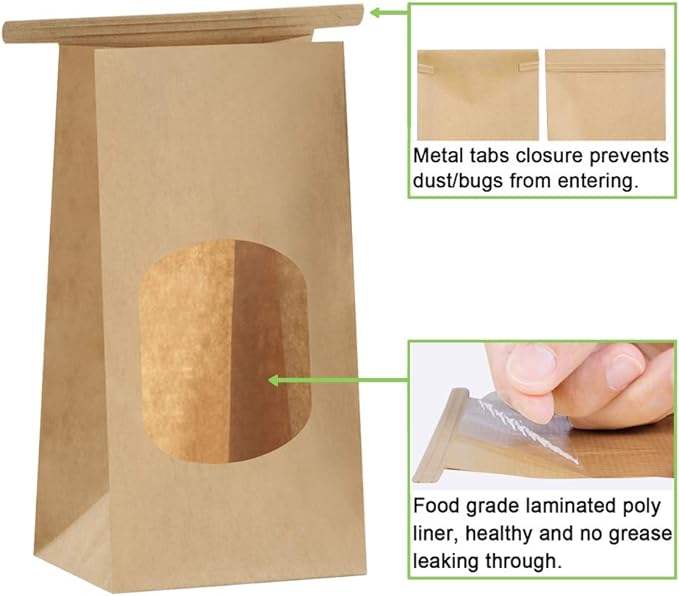 Windowed Packaging Food Bags Made of Kraft Paper Suitable for Holding Tea Coffee Beans Biscuits Customizable Oil-proof Paper Bag
