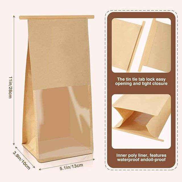 Windowed Tin Tie Lock Bread and Biscuit Storage Paper Bag with Label for Food Freshness for Home Custom Bread Bags