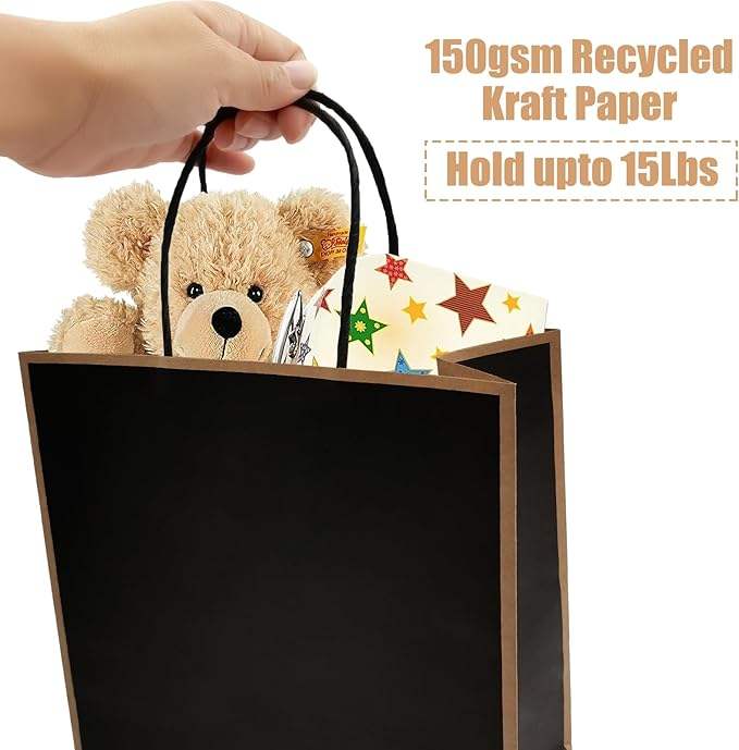 24 Packs Black Paper Bag with Handle Kraft Paper Wedding, Birthday, Baby Shower Party Gift Bag Retail 100% Recycled Paper