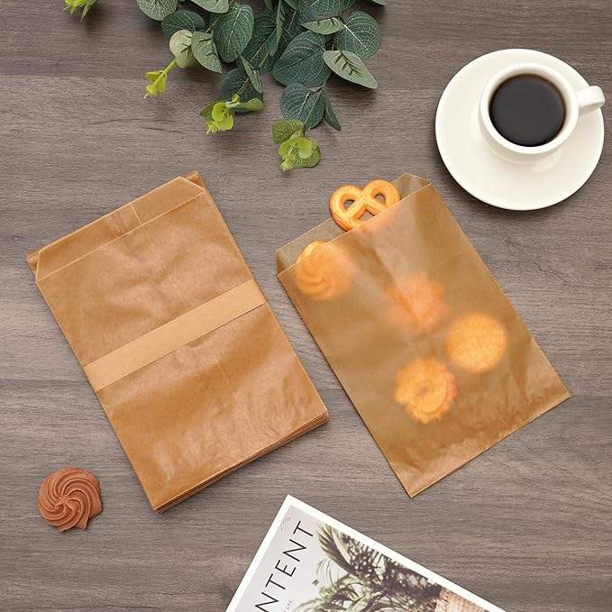 Brown Wax Paper Cookie Bags Flat for Decorative Bakery Cookie Christmas Gift Birthday Party by Quotidian 5x7 Inch
