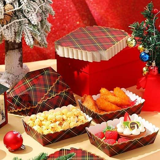 Christmas Paper Food Tray Plaid Light Nutcracker Snack Tray Disposable Nachos Hot Dog Party Supplies (Classic Plaid)