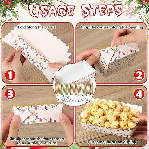 Food Trays Plaid Lights Nutcracker Disposable Christmas Paper Boat Nachos Hot Dog Party Supplies (Bright, Holiday Lights)