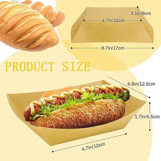 Kraft Paper Food Tray, Disposable Serving Tray for Snack Hot Dog BBQ Popcorn Party Food Trays