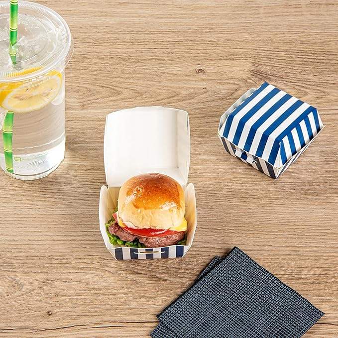 Mini Burger Box Food Container with Hinged Lid - Blue and White Striped Paper Takeout Burger Box
