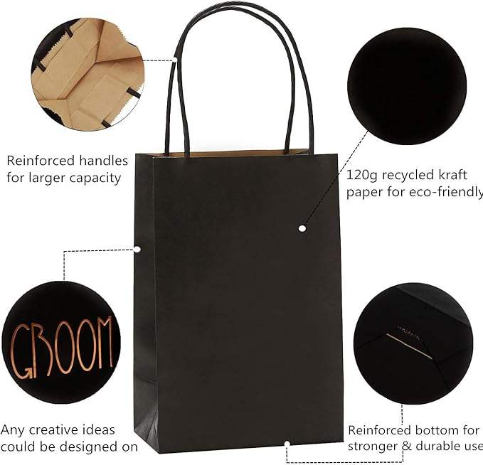 50Pcs Black Gift Bag Paper Shopping Recyclable CUSTOM Kraft Paper Bag Retail Party