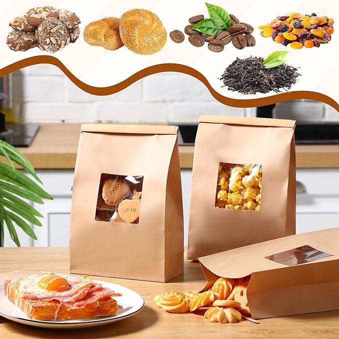 200 Bread Bags with Window Paper Cowhide with Tin Tie Lock Coffee Beans Snacks Bread and Candy Custom Bread Bags