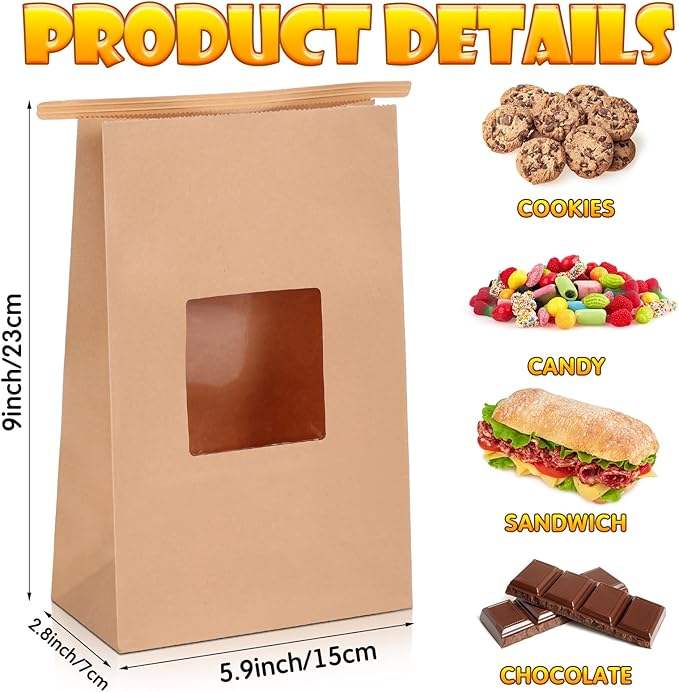 200 Bread Bags with Window Paper Cowhide with Tin Tie Lock Coffee Beans Snacks Bread and Candy Custom Bread Bags