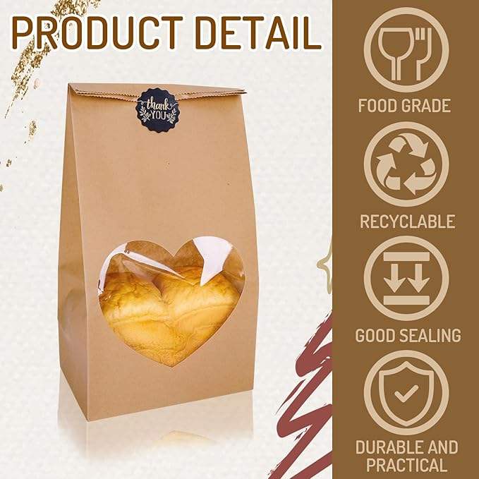 Homemade Bread Storage Bag with Heart Window and 30 Decal Kraft Paper Bread Bags Custom Bread Bags