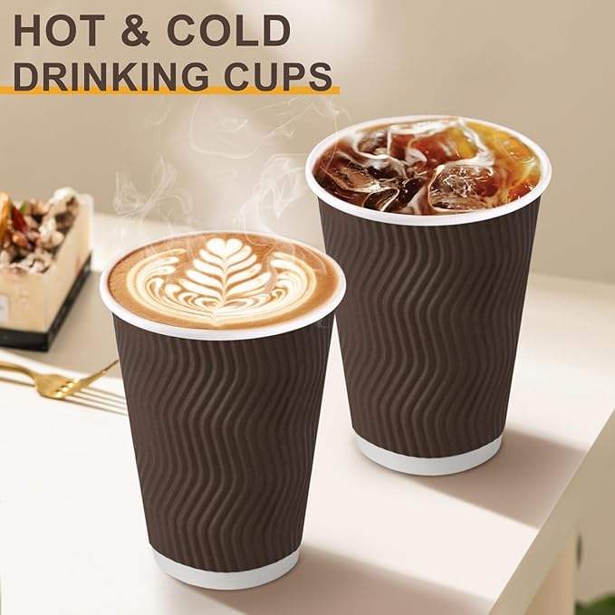 12 oz Disposable Coffee Cup, 100 Count Insulated Paper Cup, Corrugated Wall Design, Hot and Cold Drink Cup, Party, Travel
