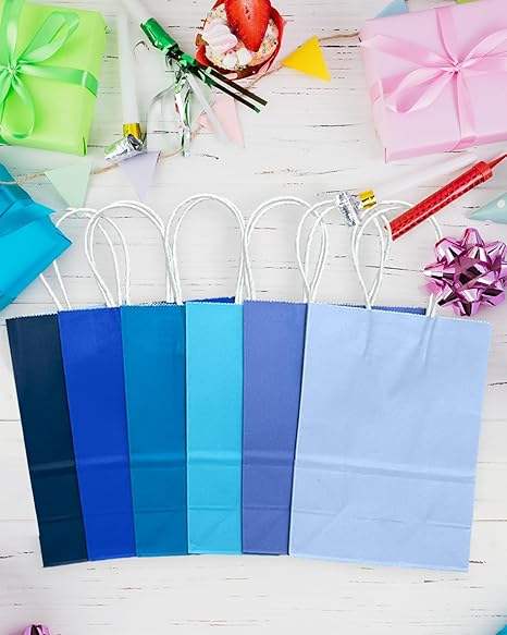 Bulk Small Size Kraft Paper Gift Bags with Handles 6 Different Blue Colors Multiple Uses for Gifts with Custom Logo Shopping Bag
