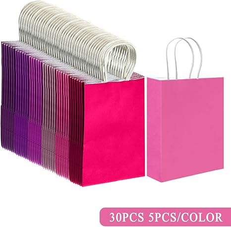 Bulk Small Kraft Paper Gift Bags with Handles 6 Different Pink and Purple Colors for Crafts and Clothing Multiple Uses