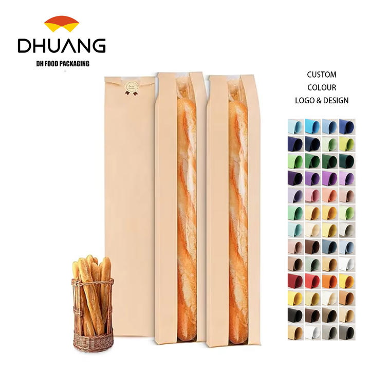 Brown Cowhide Storage Paper Bags with Window Long French Cookie Package for Breads and Cookies Custom Bread Bags