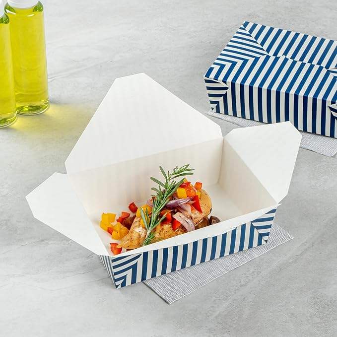 Durable 71 oz Disposable Striped Blue and White Paper Food Container for Takeout-Quality Paper Boxes Food Box