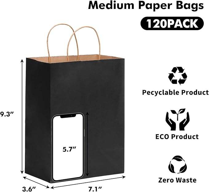 Medium Size Black Kraft Paper Gift Bags with Handles Eco-Friendly for Party Craft Food Packaging for Businesses