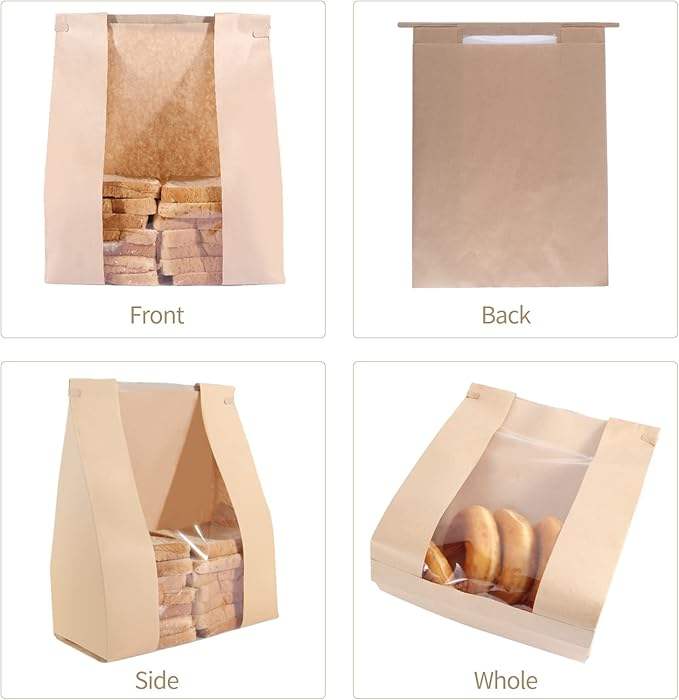 Custom Logo Brown Tin Tab Lock Therapy Bag with Window for Craft Pizza Gifts and Coffee Packing Custom Bread Bags