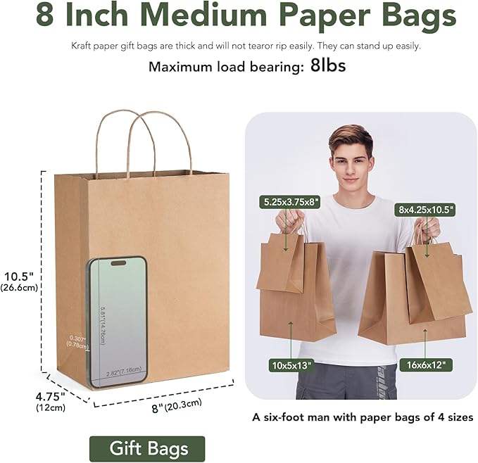 Bulk Brown Kraft Paper Bags with Handles Sturdy Retail Shopping Bags for Small Business Party Favor Birthday Wedding Craft Bags