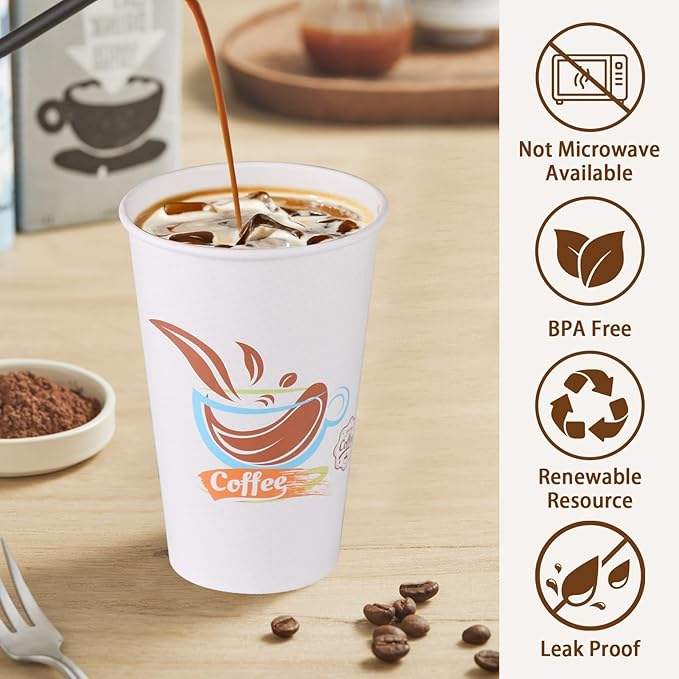 16 oz Paper Disposable Coffee Cups for Hot and Cold Drinks, Coffee Shops, Offices and Restaurants