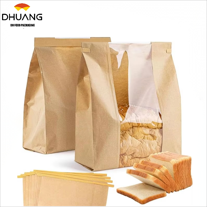 Bread Bag Reusable Lanyard - Dark Brown Paper Toaster Bag with Window Disposable Baked Custom Bread Bag