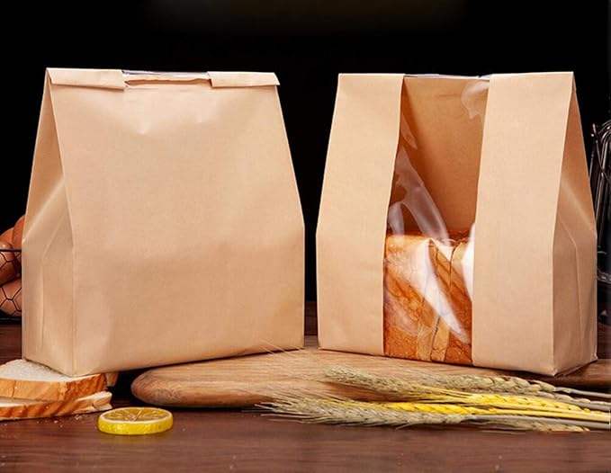 Brown Bread Bag with Window Breads Pastries Cookies Sweets with Labels and Stickers Custom Bread Bags