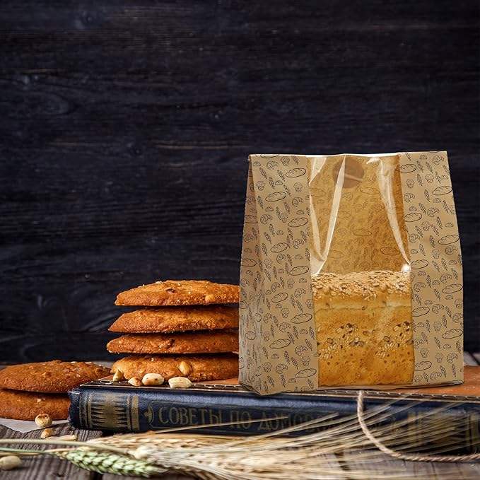 Craft Paper Bread Bags Clear Window 100 Stickers for Brown Toast Cookie Packaging Sourdough Bread Friendly Custom Bread Bags