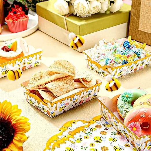 Packs Bee Party Supplies Set Birthday Decoration Disposable Paper Food Tray Paper Food Boat Carnival, Fair, Festival
