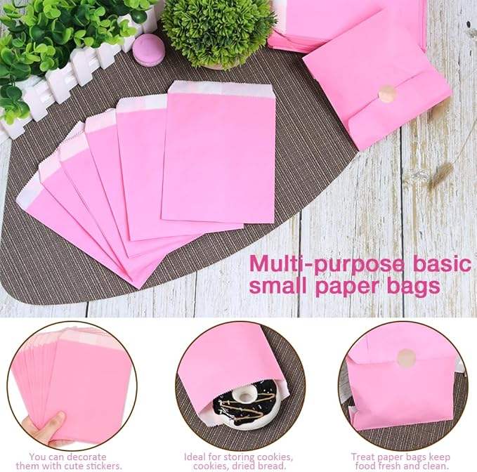 Flat Pink Paper Bag for Snacks and Desserts for Baking Cookies and Chocolate Eco-Friendly Packaging Oil-proof Paper Bag