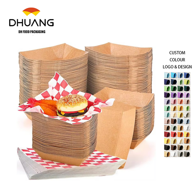 Disposable Kraft Paper Food Trays and Greaseproof Deli Liners 2 LBS Coated Cardboard Food Boat Waxed Paper Food Trays