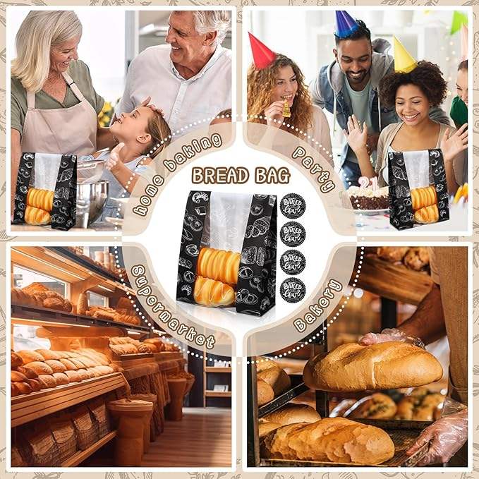 Black Sourdough Bread Bag with Window and Label Seal Sticker for Food Storage and Display Packaged Paper Bags CUSTOM Bread Bags