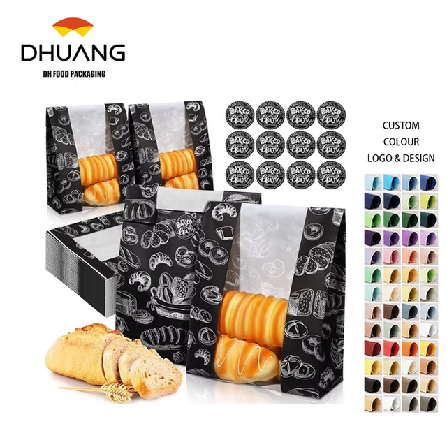 Black Sourdough Bread Bag with Window and Label Seal Sticker for Food Storage and Display Packaged Paper Bags CUSTOM Bread Bags