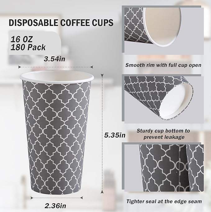 16oz Single Wall Disposable Coffee Cups 180 Packs Custom Logo Insulated Paper Cups for Hot and Cold Drinks Coffee Cup