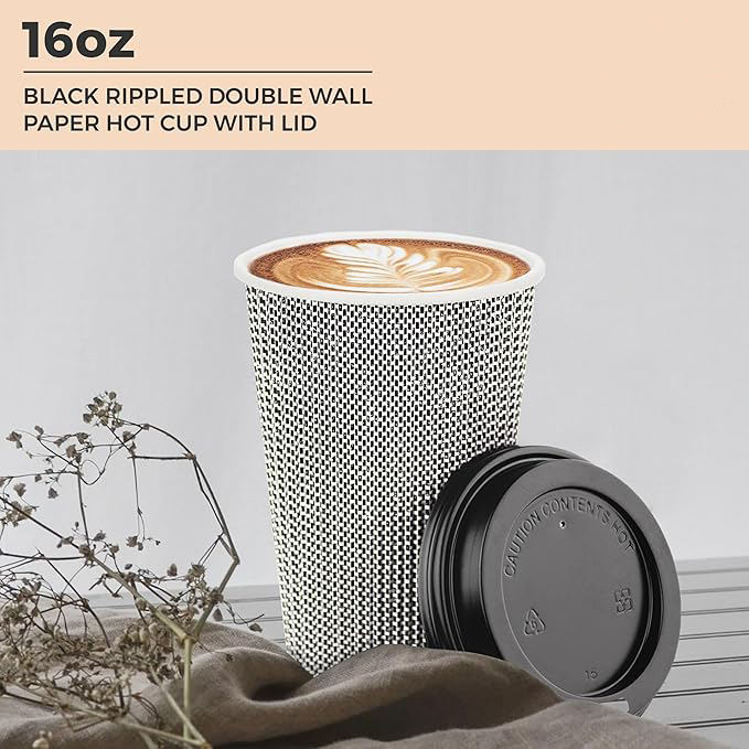 16 oz Disposable Coffee Cup Insulated Corrugated Double-walled Paper Cup with Lid Black and White Geometry Hot Drink Coffee Cup
