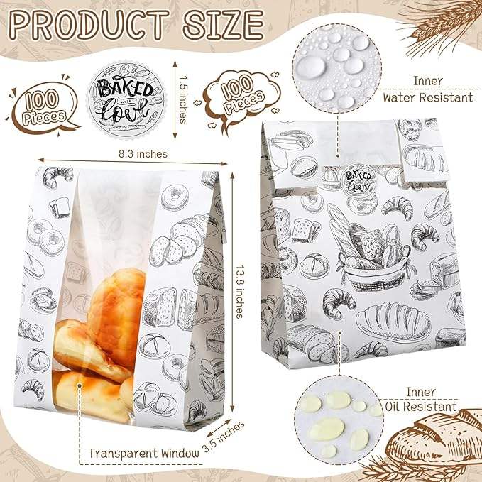 Packages Bread Bag with Window Sourdough Bread Bag with Label Seal Sticker for Food Storage Custom Bread Bags