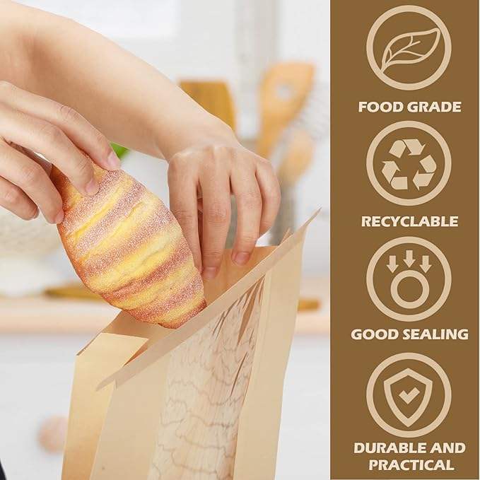 Packages Large Kraft Paper Bread Bag With Window Tin Tag Lock Food Bag to Store Homemade Bread Custom Bread Bags