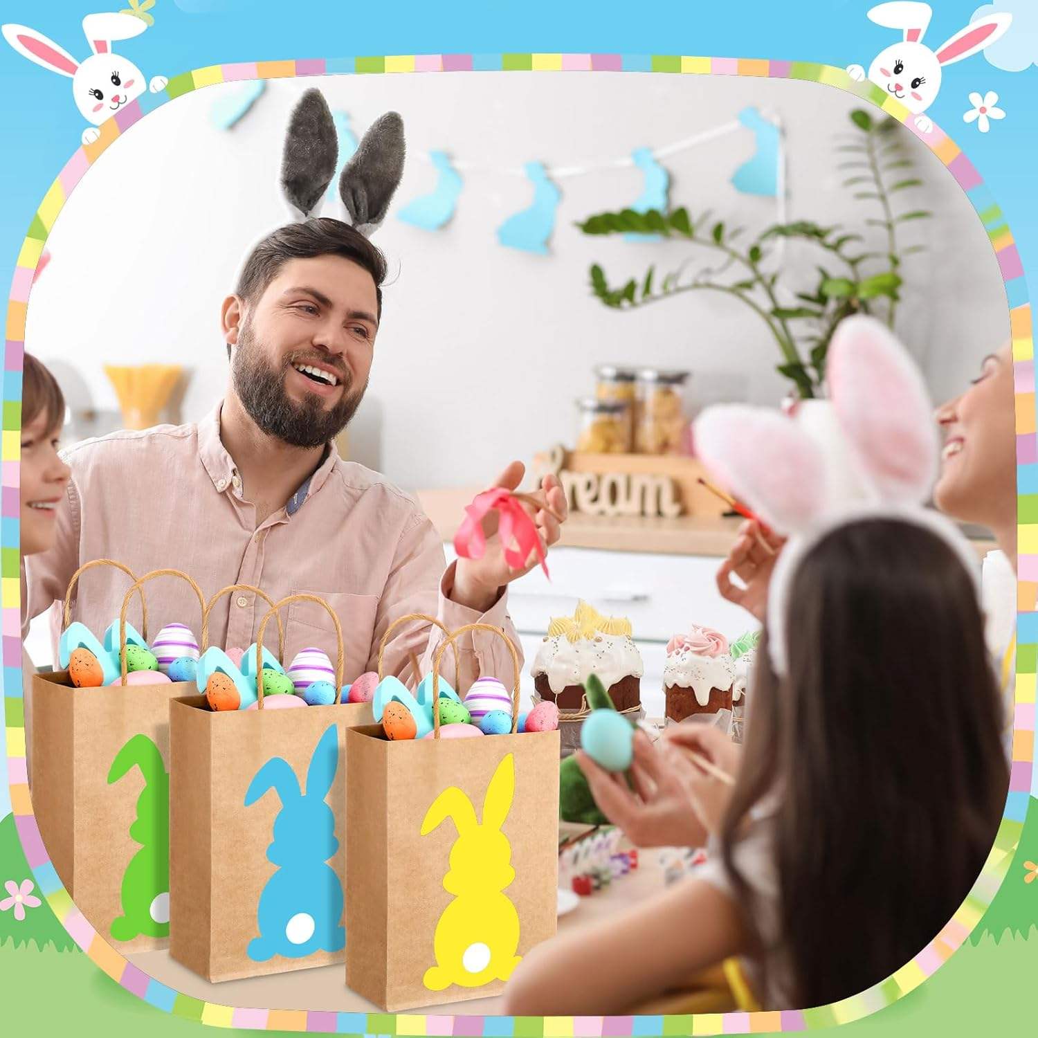 Easter Gift Bags in Bulk-various Kraft Paper Gift Bags with Handles Featuring Rabbit Prints-festive Gift Bags for the Occasion