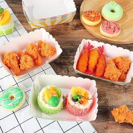 Pastel Paper Disposable Food Tray Pastel Party Kraft Food Boat 4 Color Stripes with Scallops Gold Foil Hot Dog Tacos Food Trays