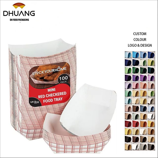Mini Paper Food Boat Disposable Red and White Checkered Paper, Eco-friendly Food Tray Food Trays