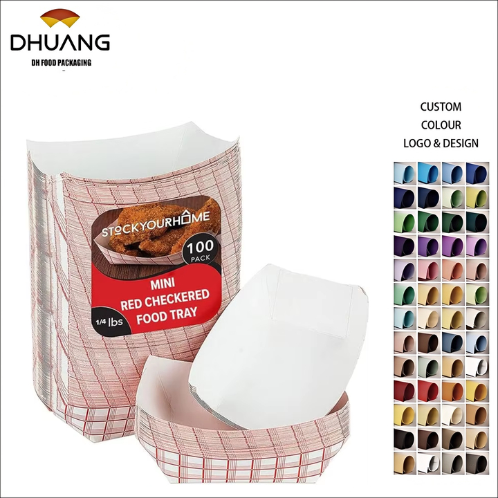 Mini Paper Food Boat Disposable Red and White Checkered Paper, Eco-friendly Food Tray Food Trays