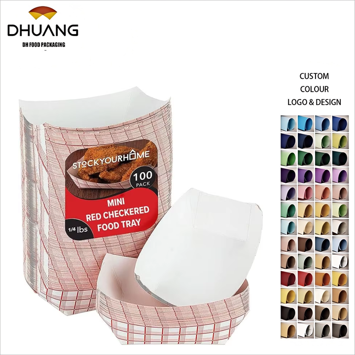 Mini Paper Food Boat Disposable Red and White Checkered Paper, Eco-friendly Food Tray Food Trays