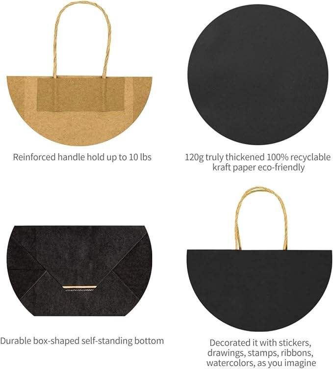 Gift Bags Black Kraft Paper Bags Handle Bulk Take-out Grocery Retail Shopping Businesses and Parties