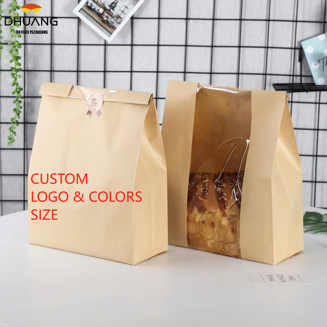 Wholesale Transparent Window Face Ins Wind Bread Packaging Bag In-Stock Kraft Paper Wire Curling with Logo Custom Bread Bags