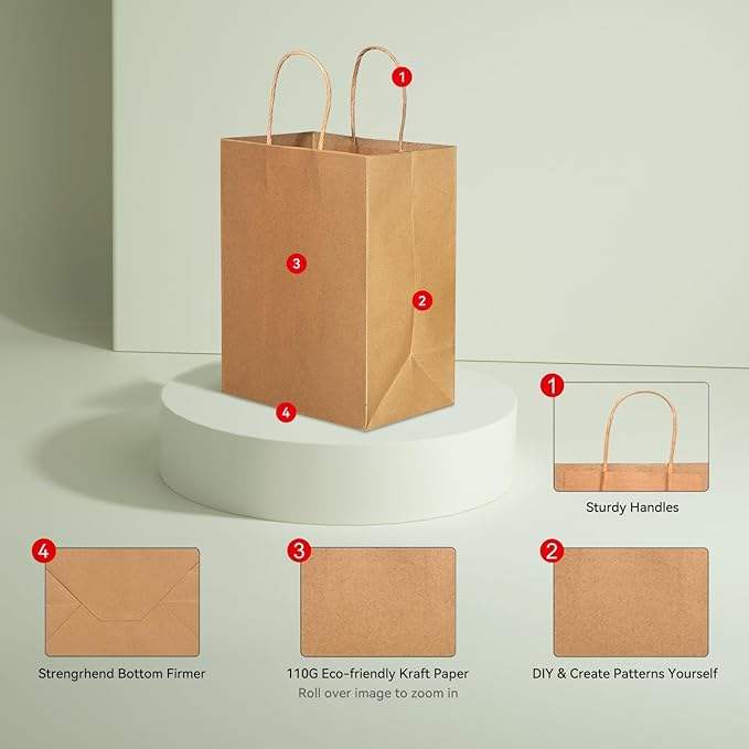 Brown Large Craft Paper Shopping Bags with Handles for Small Business Grocery Retail Birthday Party Favors Use with Candles