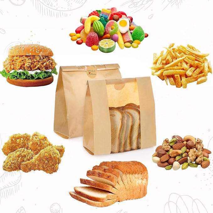 Kraft Bread Bag with Window for Wrapping Toast Croissants Bagels Doughnuts Food Safe Bakery Bags Laminated Custom Bread Bags