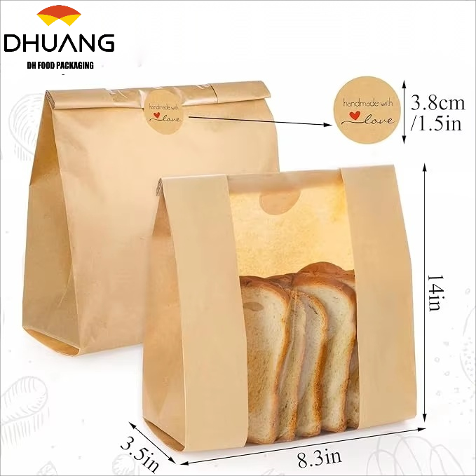 Kraft Bread Bag with Window for Wrapping Toast Croissants Bagels Doughnuts Food Safe Bakery Bags Laminated Custom Bread Bags