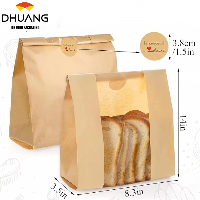 Kraft Bread Bag with Window for Wrapping Toast Croissants Bagels Doughnuts Food Safe Bakery Bags Laminated Custom Bread Bags