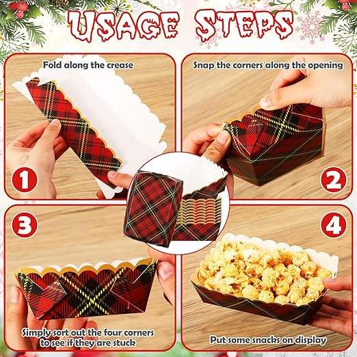 Christmas Paper Food Tray Plaid Light Nutcracker Snack Tray Disposable Nachos Hot Dog Party Supplies (Classic Plaid)